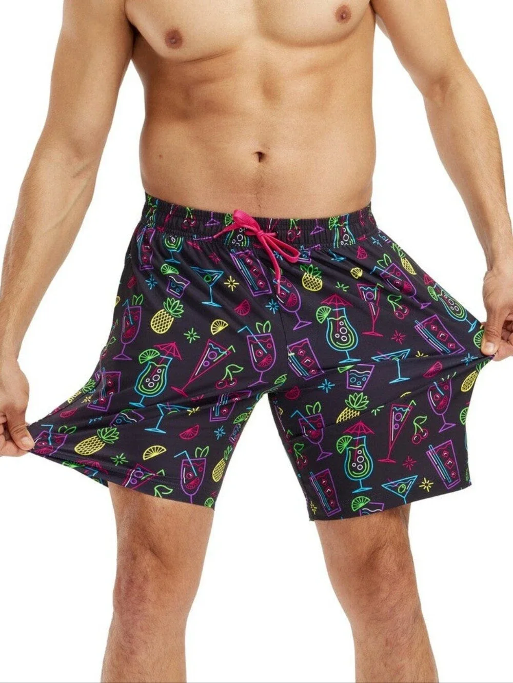 Tipsy Elvex Men's Black Neon Cocktail Print Swim Shorts 7.5 Inseam Size Large NW